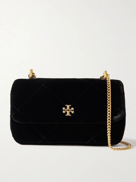  Tory Burch Tory Burch - Kira Diamond Embellished Quilted Velvet Shoulder Bag - Black 