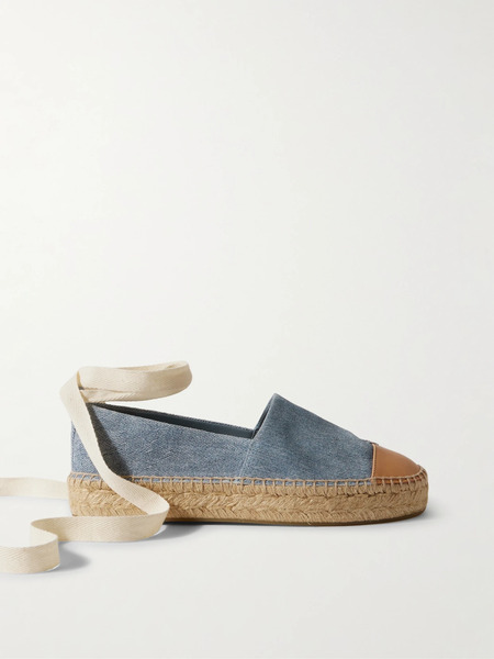  Tory Burch Tory Burch - Lace-up Embellished Leather-trimmed Printed Suede Platform Espadrilles - Blue 