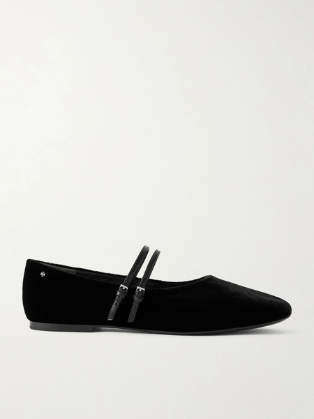  Tory Burch Tory Burch - Leather-trimmed Velvet Mary Jane Ballet Flats - Black 