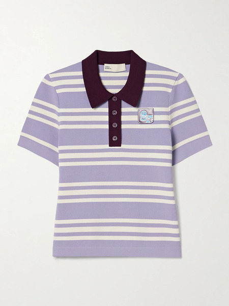  Tory Sport Tory Sport - Appliquéd Striped Stretch-jersey Polo Top - Lavender 