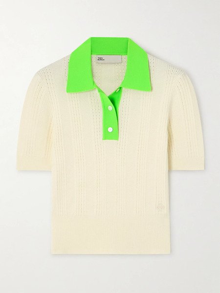  Tory Sport Tory Sport - Pointelle-knitted Cotton Polo Shirt - Green 