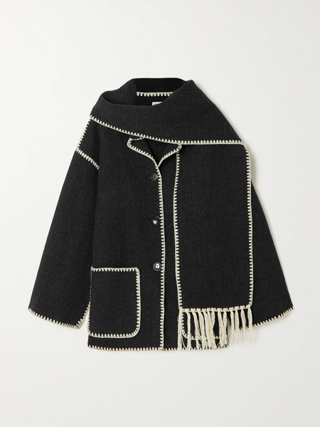  Toteme Toteme - Draped Fringed Wool-blend Jacket - Dark Gray 