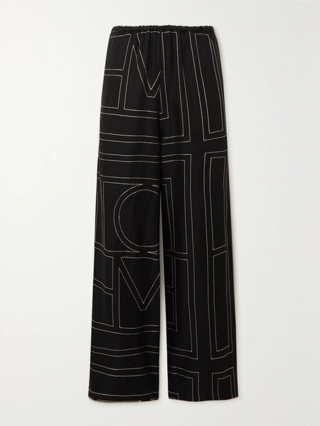  Toteme Toteme - Embroidered Silk-twill Wide-leg Pants - Black 