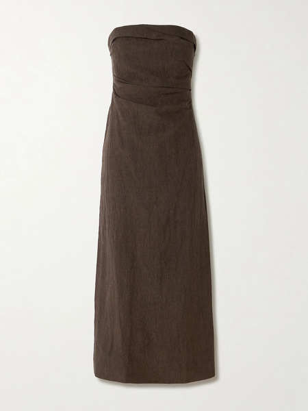  Tove Tove - Sabella Strapless Gathered Linen Midi Dress - Brown 