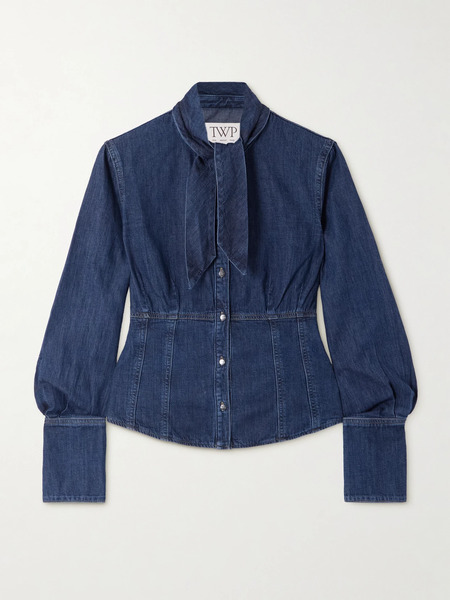  Twp Twp - Fifis Pussy-bow Paneled Denim Blouse - Mid Denim 