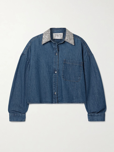  Twp Twp - My Ex's Denim Cropped Crystal-embellished Denim Shirt - Dark Denim 
