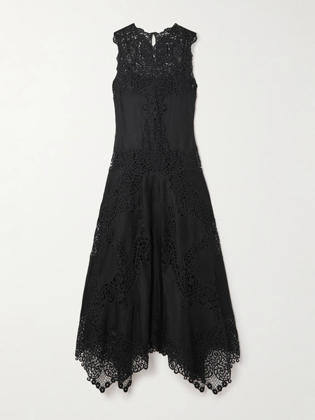  Ulla Johnson Ulla Johnson - Arlette Asymmetric Guipure Lace-trimmed Linen Midi Dress - Black 