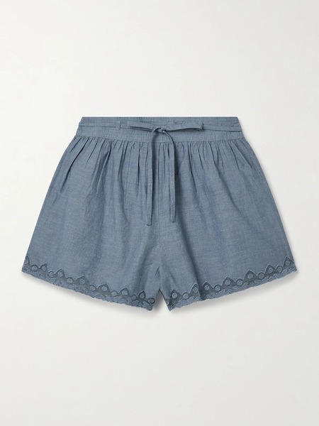  Ulla Johnson Ulla Johnson - Elowen Belted Tulle-trimmed Embroidered Cotton-chambray Shorts - Blue 