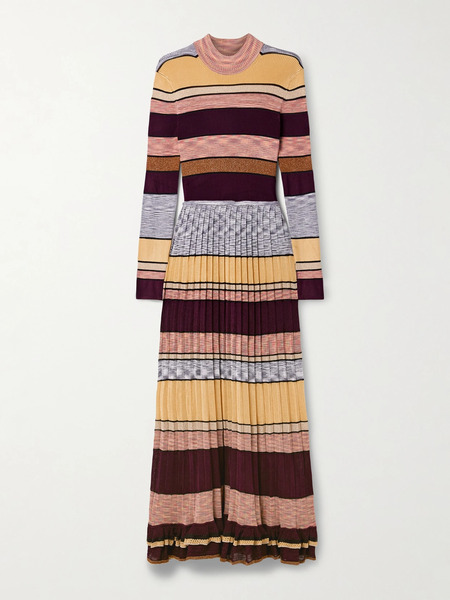  Ulla Johnson Ulla Johnson - Evangeline Striped Pleated Metallic Knit Turtleneck Maxi Dress - Multi 