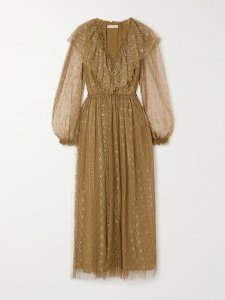  Ulla Johnson Ulla Johnson - Helena Ruffled Metallic Lace Midi Dress - Gold 