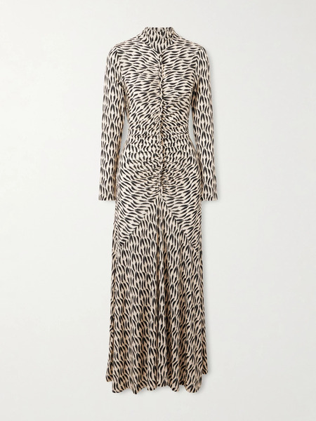  Ulla Johnson Ulla Johnson - Ida Ruffled Gathered Printed Stretch-jersey Turtleneck Midi Dress - Light Gray 
