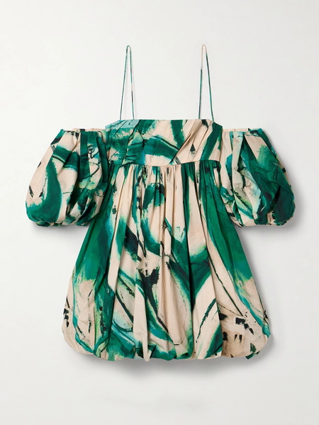  Ulla Johnson Ulla Johnson - + Lee Krasner Hartigan Cold-shoulder Pleated Printed Cotton-poplin Mini Dress - Green 