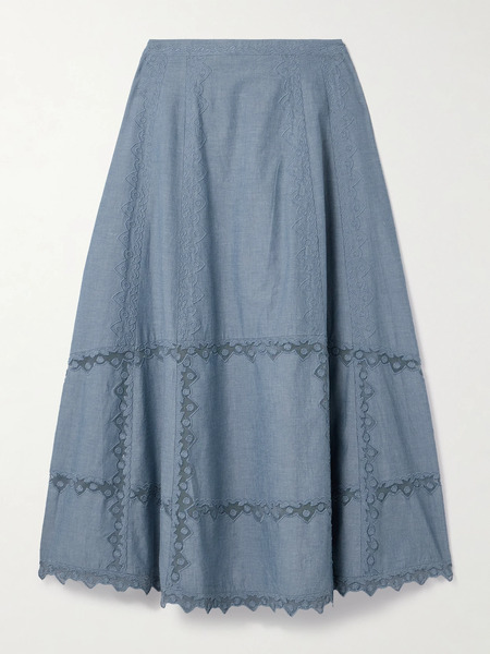  Ulla Johnson Ulla Johnson - Lucia Embroidered Mesh-trimmed Cotton-chambray Midi Skirt - Blue 