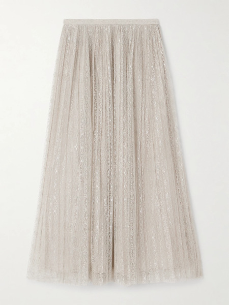  Ulla Johnson Ulla Johnson - Maren Pleated Metallic Lace Midi Skirt - Gray 