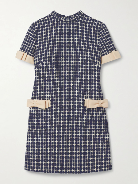  Valentino Garavani Valentino Garavani - Bow-embellished Checked Wool-blend Bouclé Mini Dress - Navy 