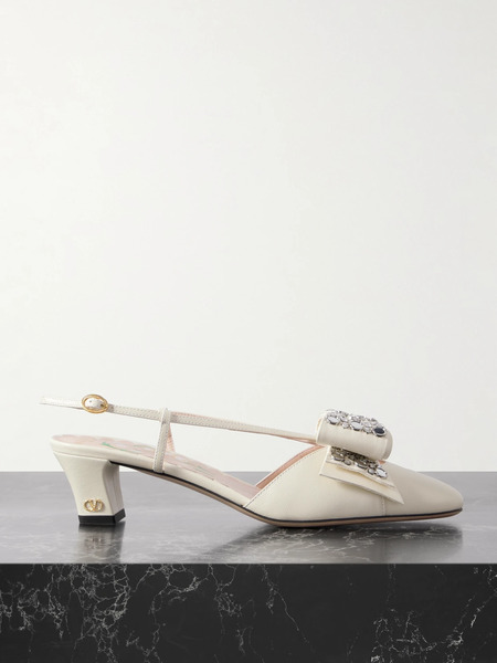 Valentino Garavani Valentino Garavani - Bowow Embellished Leather Slingback Pumps - Ivory 