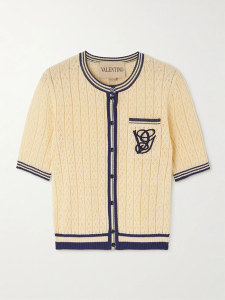  Valentino Garavani Valentino Garavani - Embroidered Striped Pointelle-knit Linen-blend Cardigan - Cream 