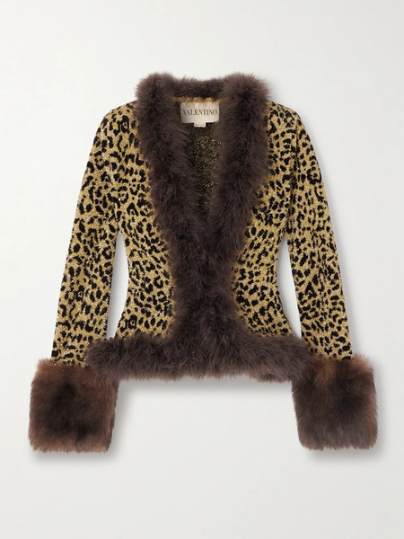  Valentino Garavani Valentino Garavani - Feather And Shearling-trimmed Leopard-jacquard Lurex Cardigan - Leopard Print 