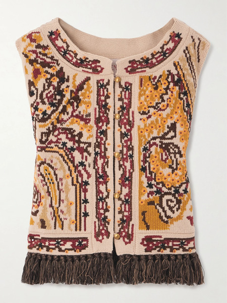  Valentino Garavani Valentino Garavani - Fringed Embroidered Wool Vest - Beige 