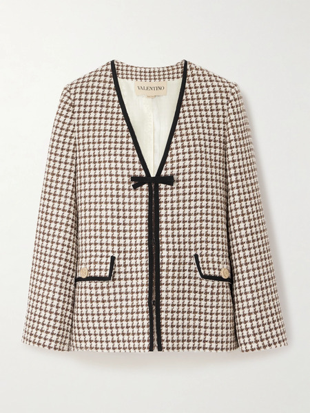  Valentino Garavani Valentino Garavani - Grosgrain-trimmed Houndstooth Cotton-blend Tweed Jacket - Cream 