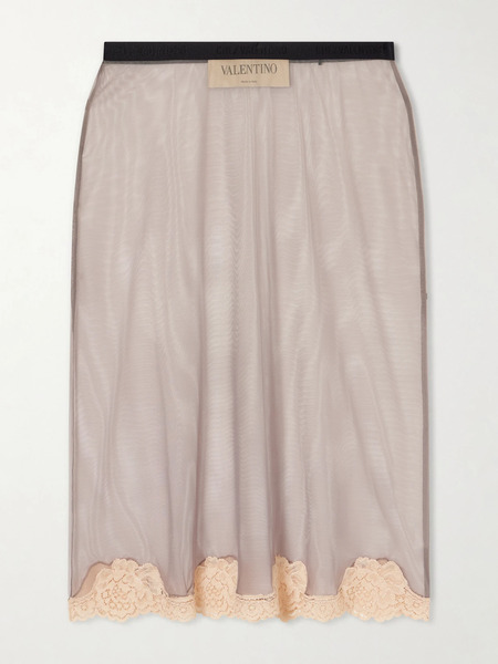  Valentino Garavani Valentino Garavani - Lace-trimmed Mesh Midi Skirt - Gray 