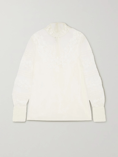  Valentino Garavani Valentino Garavani - Lace-trimmed Wool And Silk-blend Mesh Blouse - Ivory 