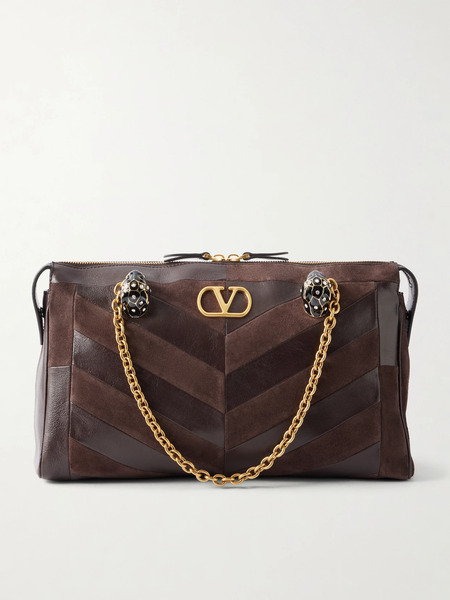  Valentino Garavani Valentino Garavani - Panthea Medium Embellished Patchwork Leather And Suede Shoulder Bag - Chocolate 