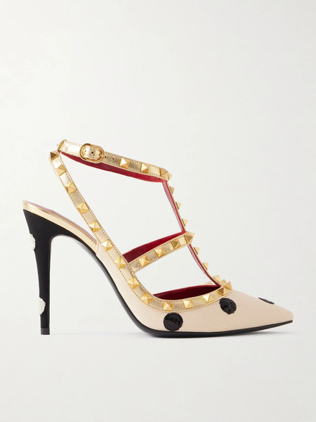  Valentino Garavani Valentino Garavani - Rockstud Embellished Studded Polka-dot Canvas Pumps - Cream 