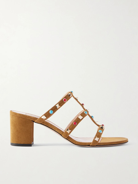  Valentino Garavani Valentino Garavani - Rockstud 60 Embellished Suede Mules - Tan 