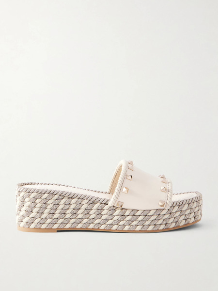  Valentino Garavani Valentino Garavani - Rockstud Leather Platform Espadrille Slides - Ivory 