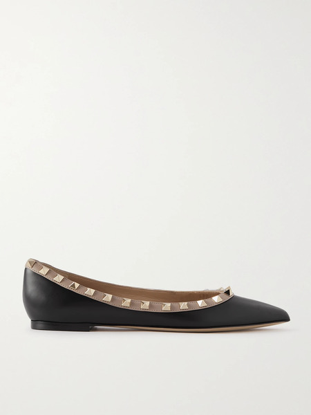  Valentino Garavani Valentino Garavani - Rockstud Leather Point-toe Flats - Black 