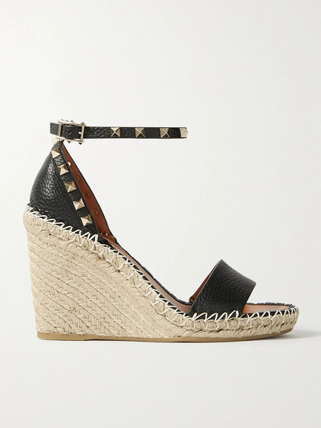  Valentino Garavani Valentino Garavani - Rockstud 105 Textured-leather Espadrille Wedge Sandals - Black 