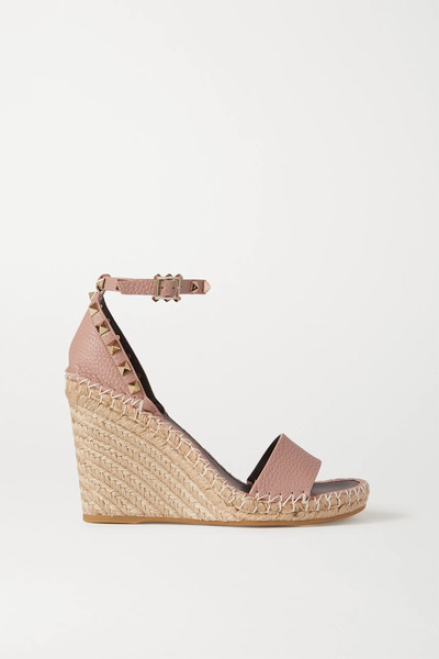 Valentino Garavani Valentino Garavani - Rockstud 105 Textured-leather Espadrille Wedge Sandals - Neutral 