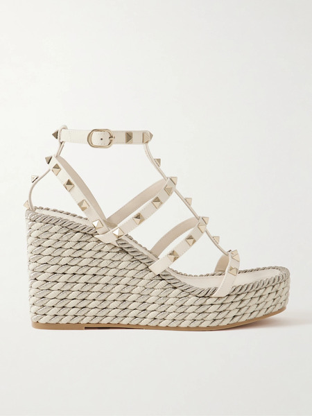  Valentino Garavani Valentino Garavani - Rockstud Torchon 105 Leather Espadrille Wedge Sandals - Ivory 
