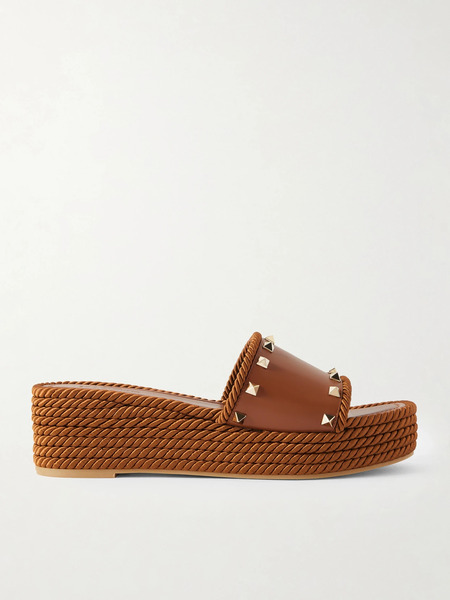  Valentino Garavani Valentino Garavani - Rockstud Torchon Leather Platform Espadrille Slides - Tan 