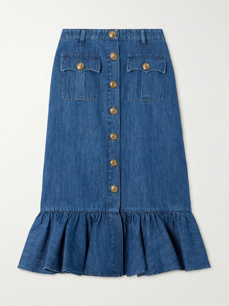  Valentino Garavani Valentino Garavani - Ruffled Denim Midi Skirt - Blue 