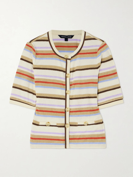 Veronica Beard Veronica Beard - Brendan Striped Cotton-blend Terry Cardigan - Beige 
