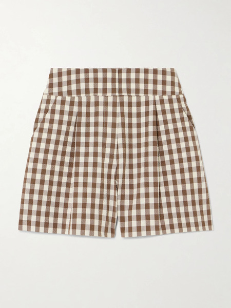  Veronica Beard Veronica Beard - Haina Pleated Gingham Cotton-blend Seersucker Shorts - Brown 