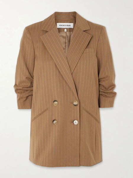  Veronica Beard Veronica Beard - Rupert Dickey Double-breasted Ruched Pinstriped Woven Blazer - Beige 
