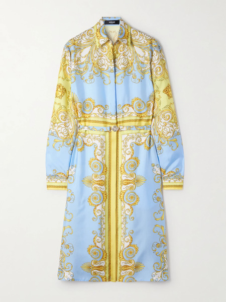  Versace Versace - Belted Printed Silk-twill Dress - Light Blue 