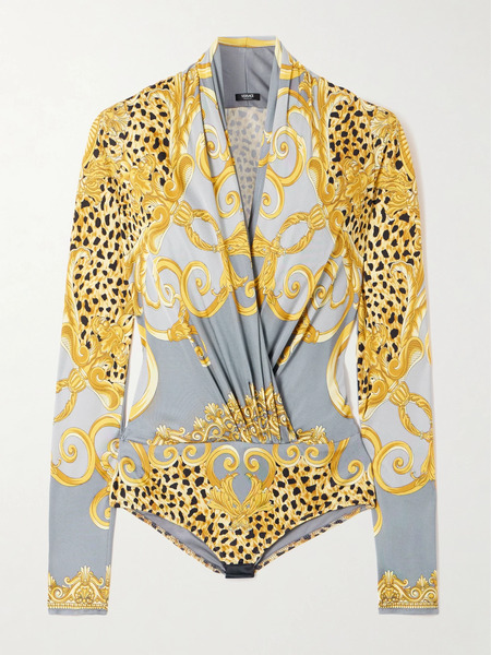  Versace Versace - Draped Printed Satin-jersey Bodysuit - Yellow 