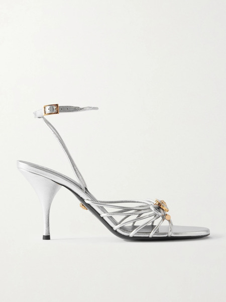  Versace Versace - Embellished Metallic Leather Sandals - Silver 