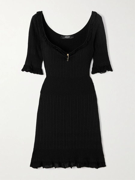  Versace Versace - Embellished Ruffled Cable-knit Wool-blend Mini Dress - Black 