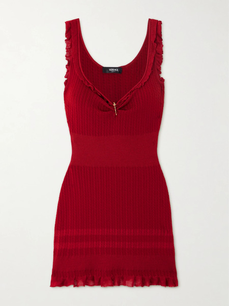  Versace Versace - Embellished Ruffled Cable-knit Wool-blend Mini Dress - Red 