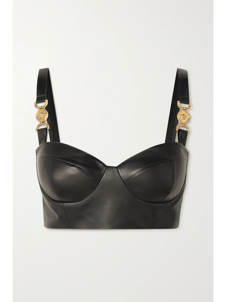  Versace Versace - Icons Embellished Jersey-panel Leather Bustier Top - Black 
