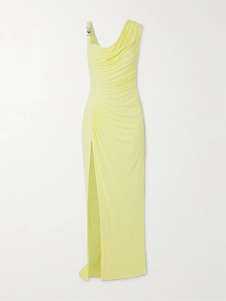  Versace Versace - Ruched Embellished Asymmetric Crepe Gown - Pastel Yellow 