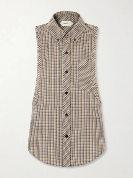  Versace Versace - Sleeveless Frayed Checked Shirt - Brown 