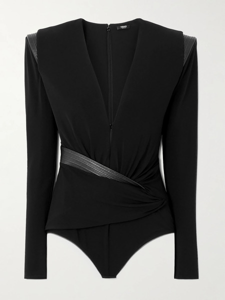  Versace Versace - Wrap-effect Leather-trimmed Crepe-jersey Bodysuit - Black 