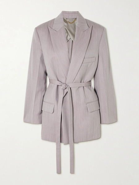  Victoria Beckham Victoria Beckham - Belted Textured-wool Blazer - Gray 