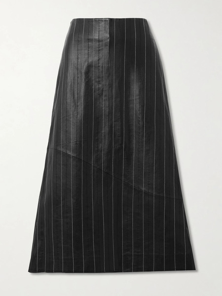 Victoria Beckham Victoria Beckham - Paneled Embroidered Pinstriped Leather Midi Skirt - Black 